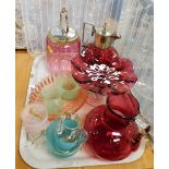 A group of coloured glassware, to include a flared cranberry glass bowl, cranberry glass jug, carniv