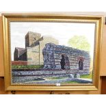 R Jephott (21st School). Church scene with ruins of the Jewry Wall in Leicester, oil on board, signe