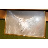 After Reg Snook. Owl with mouse, flying through woodland, in a modern frame.