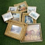 A group of Victorian style prints, relating to horse racing and others in elaborate gilt frames.