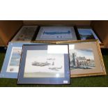 Various pictures and prints, to include after John Larder, air craft, modern coloured map, watercolo