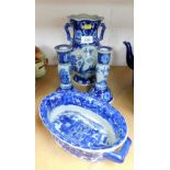 A group of ironstone branded blue and white wares, to include pair of candlesticks, vase and a bowl.