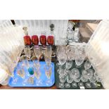 Assorted glassware, modern lustre glasses, decanters, tumblers, jugs, champagne flutes, etc. (3 tray