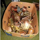 A group of copper and brass wares, to include copper kettle, figurines, tankards, etc. (1 box)