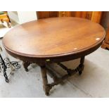 A 19thC mahogany circular dining table, on later H framed base, on block feet. (AF)