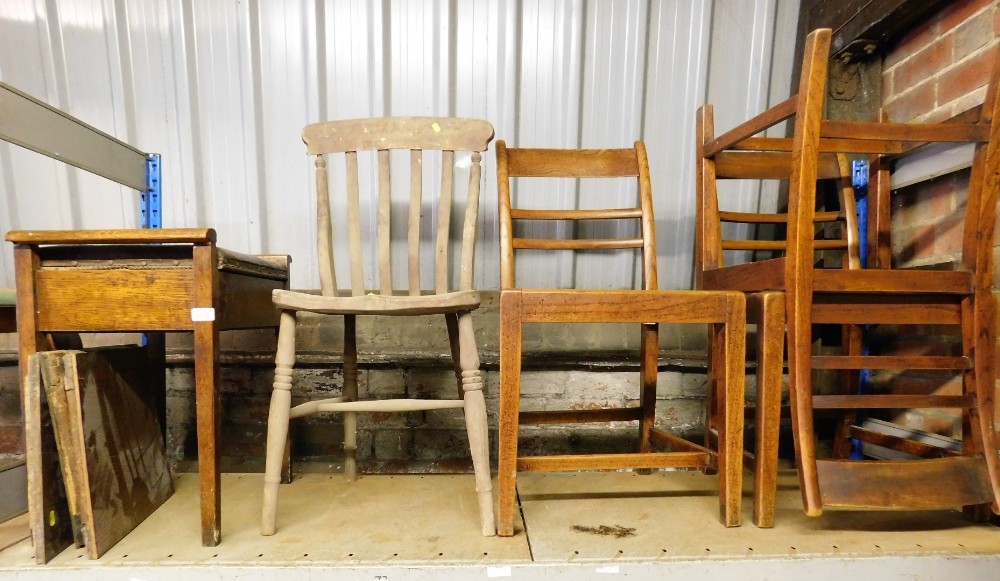 A group of furniture, to include a piano stool, a rush seated chair, three 19thC elm chairs, etc. (a