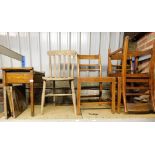 A group of furniture, to include a piano stool, a rush seated chair, three 19thC elm chairs, etc. (a