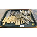 A group of silver cutlery, bone handled butter knives, sliver plated forks, spoons, etc. (1 tray)