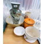 Various ceramics and effects, mixing bowls, orange storage jar, poppy vase, a Victorian style opaque