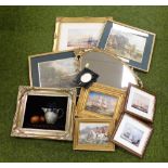 Various pictures and prints, a gilt framed oval neo classical style mirror, a velvet floral still li