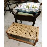 An Edwardian mahogany piano stool and a rush seated stool.