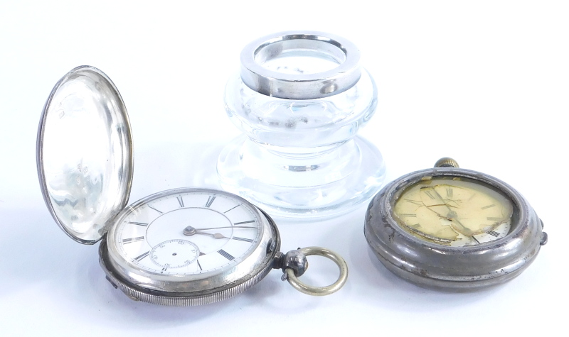 An open faced pocket watch, with plain case, marked 0800, a further part silver cased pocket