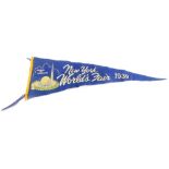 A New York Worlds Fair 1939 pennant, backed on felt with printed typography and images, 57cm long.