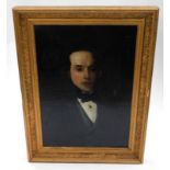 19thC School. Portrait of a gentleman wearing a navy and red striped bow tie and black jacket, oil