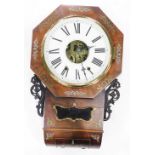 A 19thC walnut drop dial wall clock, the case with inlaid decoration and an enamel 23cm Roman