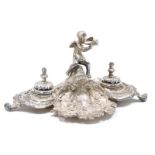 A Jordan Collection Sheffield silver plated inkstand, mounted with a putto blowing a horn, the