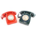 Two vintage GPO dial telephones, in red and green.