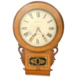 A late 19thC walnut and parquetry American drop dial wall clock, the painted dial stamped F Howe