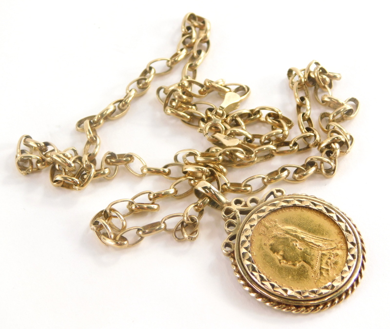 A Victorian full gold sovereign pendant and chain, the sovereign dated 1889 in a 9ct gold pendant