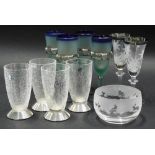 A collection of glass, to include four Nick Munns pewter and crackle glass vases, four Pelly Ploviez