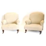 A pair of Victorian walnut Howard type armchairs, each upholstered in beige fabric and turned legs