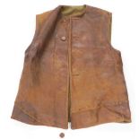 A leather workman's or military sleeveless waistcoat or jacket, with green lining.