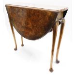 A burr walnut drop leaf table, the oval court and reared top on cabriole legs with pad feet, 69cm