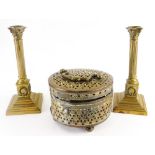 A pair of 19thC brass Corinthian column candlesticks, on a stepped base, 23cm high, (AF), and an