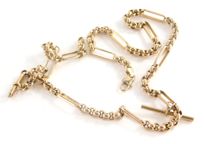 A 9ct gold watch chain, converted to a necklace, with elongated bars and four curb link sections,