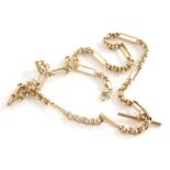 A 9ct gold watch chain, converted to a necklace, with elongated bars and four curb link sections,