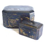 An early 20thC Chinese export lacquer rectangular box, with canted corners, decorated with figures