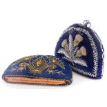 A Victorian beadwork tea cosy, backed on blue velvet decorated with thistles etc., and a further