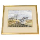 Keith Baldock (20thC). Heavy horse ploughing field before cottage and trees, gouache, signed, 29cm x