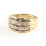 A 9ct gold half hoop dress ring, set with three rows of round brilliant cut amethysts, each in