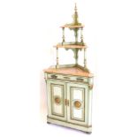 A 19thC Spanish corner whatnot, painted in pale green, cream and gilt, the top with a turned
