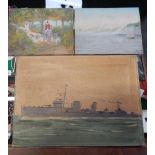 E Ponters. Coastal scene, and hunting scene, signed, oil on canvas, together with another oil on can