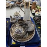 Various silver plated wares, to include silver plated and cut glass claret jug, silver plated galler