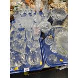 A group of various glassware, to include two flared goblets, perfume bottles, wine glasses, decanter