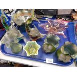 A group of decorative glass, to include a carnival glass raised bowl, art glass sweet dish, two irid