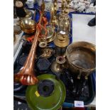 A group of copper and brass wares, to include brass candlesticks, coaching horn, table weights, silv