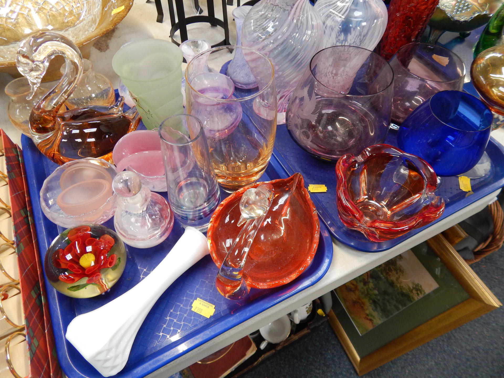 A group of decorative glassware, to include two table top glass display stands, set of Spanish shot