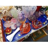 A group of decorative glassware, to include two table top glass display stands, set of Spanish shot