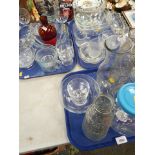 A Royal Doulton red glass bud vase, Cadbury's Roses glass sweet jar and another sweet jar, decorati