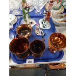 Four items of Victorian copper lustre wares and three Studio pottery clown ornaments. (1 tray)