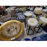 A gold finish glass fruit bowl, Edinburgh crystal fruit bowl and two candle stands on metal stands.