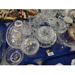 A group of assorted glassware, dishes, dressing table set, drinking glasses, etc. (2 trays)