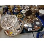 A group of silver plated wares, pair of brass candlesticks, ice pale, candelabrum, etc. (1 tray)