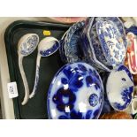 Blue and white wares, tureen and cover, ladles, bowl, etc. (AF) (1 tray)