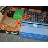 A group of tools, to include fuel can, cantilever blue toolbox, various accessories, spanners, cased