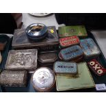 Advertising tins, Midlands Bank savings tin, Players Navy Cut cigarette boxes, etc. (1 tray)